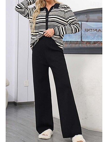  Damen Pullover Brautkleider schlicht Gestreift Polo-Kragen Strick Langarm Lange Oberteile Stricken Heim Arbeit Schwarz Grün Herbst Winter