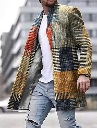  Herr Rutig Geometri Vinterkappa Rock Kappa Håller värmen Andningsfunktion Bekväm Affär Ledigt Arbete Klä till Jobbet Utekväll Ficka Mönster Höst vinter Hög krage Långärmad Gul Blå