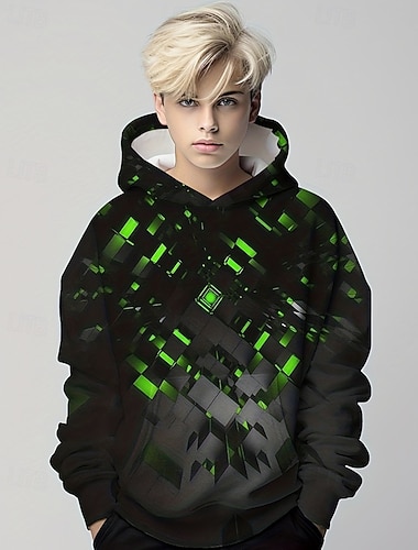  Para Meninos 3D Gráfico Geométrica Moletom Manga Longa Primavera Outono Moda Roupa de rua Infantil 4-12 anos Com Capuz Ao ar livre Casual Diário Normal