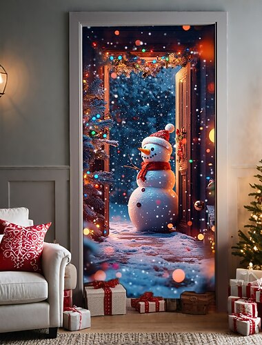  クリスマスドアデコレーション、ドアカバー、クリスマススノーマンファンタジードアタペストリー、ドアカーテンデコレーション背景、玄関ドア用ドアバナー、農家のホリデーパーティー装飾用品、屋内/屋外用
