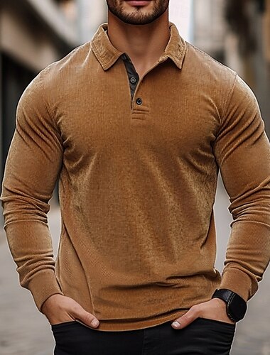  Herren Cord Hemd Poloshirt Casual Sport Klassisch Langarm Modisch Basic Farbblock Taste Frühling & Herbst Regular Fit Braun Cord Hemd