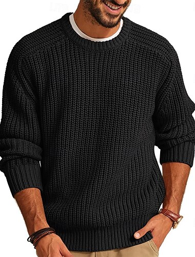  Herren Pullover Gerippt Stricken Normale Oberteile Strick Schmaler Schnitt Glatt Rundhalsausschnitt Moderne zeitgenössische Arbeit Freizeitskleidung Bekleidung Winter Schwarz Khaki S M L