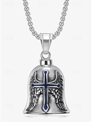  Herren-Halskette mit Glockenanhänger aus Edelstahl mit rotem Kreuz und Engelsflügeln – religiöser Schmuck im Gothic-Stil