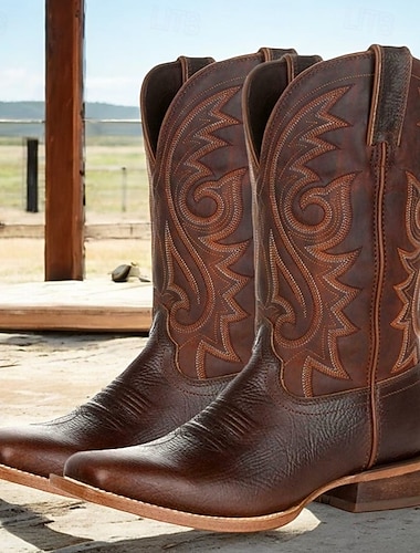  bottes de cowboy western marron pour hommes – similicuir avec broderie complexe, bout carré classique et talon bottier pour le rodéo et le quotidien