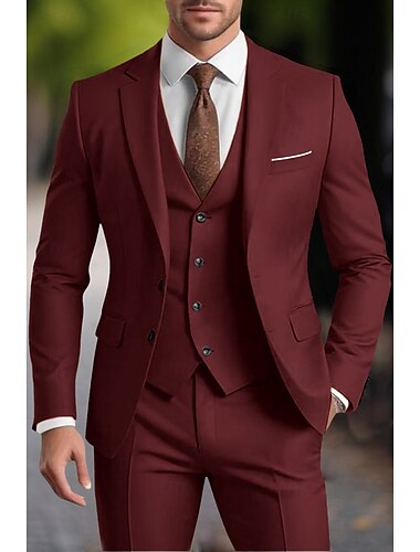  Herren Hochzeit Party-Abendmode Anzüge Gelb Burgunderrot Mode Geschäftlich Einfarbig Standard Passform 3-teilig Einreihige Zwei-Knopf-Jacke
