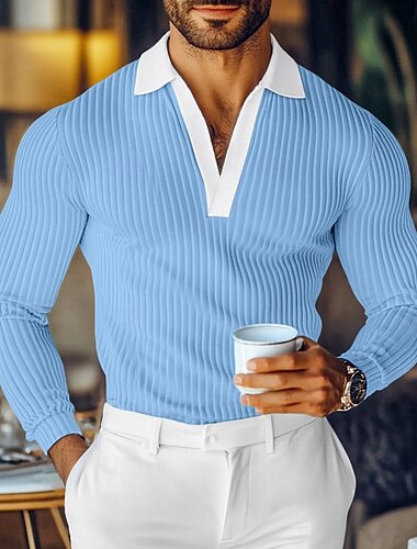  Herren Polo Pullover Poloshirt Formal Geschäft V Ausschnitt Gerippter Polokragen Langarm Modisch Feste Farbe Patchwork Taste Frühling & Herbst Hellblau Burgunderrot Marinenblau Grau Polo Pullover
