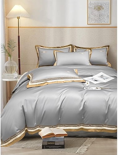  Juego de cama con funda nórdica de 4 piezas, tejido 100% algodón orgánico suave y transpirable, incluye funda nórdica y fundas de almohada para un sueño confortable.