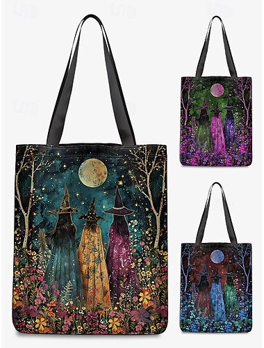  damestas met Halloween-thema en heksenmotief - grote canvas tas voor dagelijks gebruik en festivals