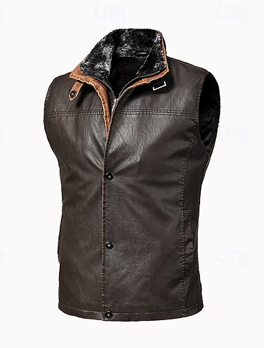  בגדי ריקוד גברים וסט Gilet חתונה מסיבה יומי אופנתי עסקים סתיו חורף כיס פליז עור PU שמור על חום הגוף אחיד רוכסן עומד רגיל קפה אֵפוֹד