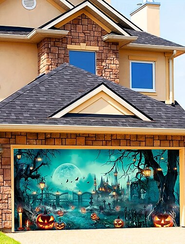  ハロウィーンの飾り、屋外ガレージドアカバーバナー、休日用の大きなハロウィーンの背景飾り、屋外ガレージドア、家の壁飾り
