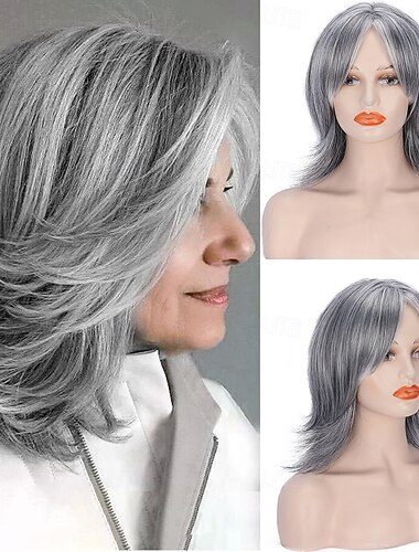  silbergraue Stufenperücke mit Vorhangpony für Frauen, synthetische hellgraue Ombre-Highlight-Bob-Perücke, kurzer Pixie-Schnitt, gestufte, gewellte Perücke für Frauen
