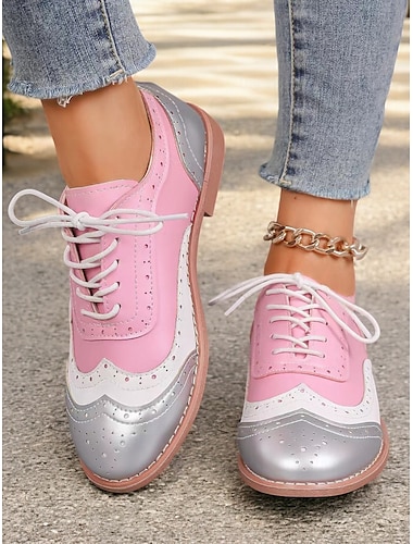  chaussures oxford multicolores pour femmes, design rétro à bout d'aile avec empiècements verts, roses et violets, richelieus à lacets décontractés pour la mode et le quotidien
