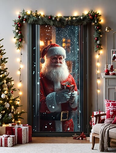  زينة باب عيد الميلاد أغطية الأبواب سانتا كلوز واقفًا على الباب نسيج ستارة الباب خلفية ديكور لافتة الباب للباب الأمامي مزرعة ديكور حفلات العطلات لوازم داخلية / خارجية