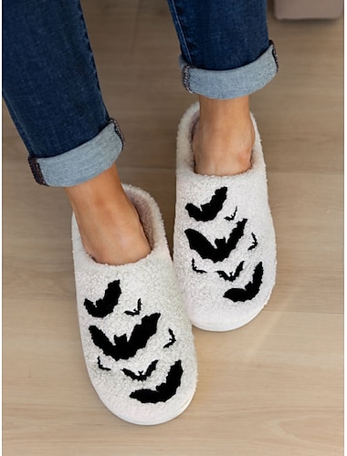  mukavat halloween-lepakkokuvioiset fleece-sisätossut liukumattomalla pohjalla – lämpimät pehmokengät naisille