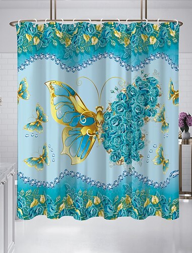  フック付きシャワーカーテン 180cm*180cm（70"*70"）ポリエステル 洗濯可能 防水 フローラルバタフライパターン バスルームデコレーション