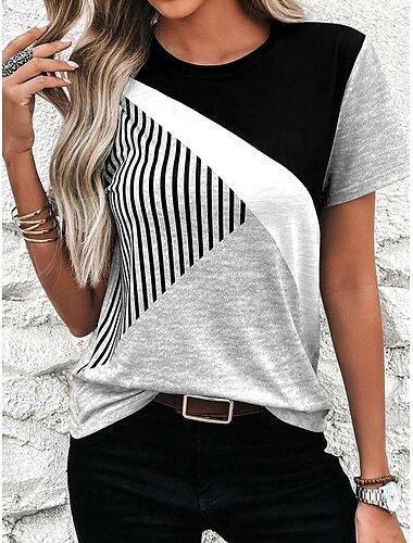  Damen T-Shirt lässig Farbblockdruck Kurzarm normale Oberteile Rundhals täglich Himmelblau Khaki Grau Sommer