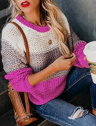  Damen Pullover Modisch Täglich Gestreift Rundhalsausschnitt Strick Textur Langarm Lange Oberteile Stricken Arbeit Rote Purpur Herbst Winter