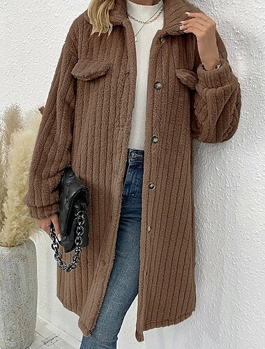  Damen Wintermantel Fleecejacke Teddy-Mantel warm halten Atmungsaktiv Tasche Modisch Brautkleider schlicht Glatt Arbeit Strasse Einreihiger Verschluss Lang Umlegekragen Lockere Passform Langarm