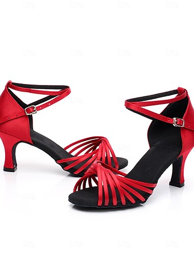  Damen Schuhe für den lateinamerikanischen Tanz Für den Ballsaal Walzer ChaCha Satin Absätze Kubanischer Absatz Offene Spitze Schnalle Schwarz Rot Braun