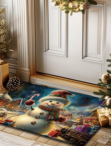  juledekorasjon dørmatte juleby snømann kjøkkenmatte gulvmatte sklisikkert teppe oljetett teppe innendørs utendørs matte soveromsdekor baderomsmatte inngangsteppe
