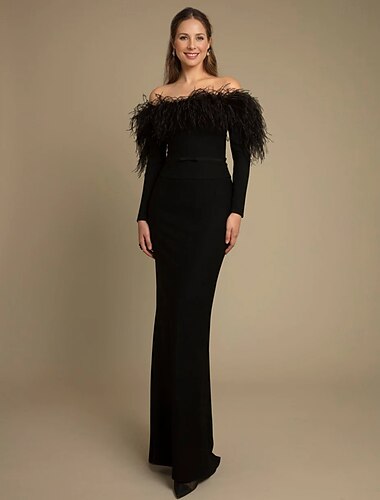  robe de soirée sirène cravate noire robe élégante en plumes longueur au sol manches longues épaules dénudées robe de mascarade en crêpe extensible 2025