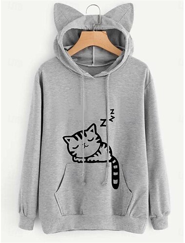  γυναικείο φούτερ με κουκούλα casual cat street καθημερινά ρούχα με φούτερ με κουκούλα με στάμπα τσέπης μακρυμάνικο μαύρο ροζ κρασί γκρι φθινόπωρο χειμώνας
