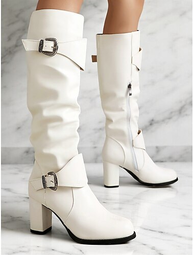  Schwarze kniehohe Stiefel mit dickem Absatz und Schnallenriemen für Damen – stylische Schlupfstiefel aus Kunstleder für die Freizeit im Herbst und Winter
