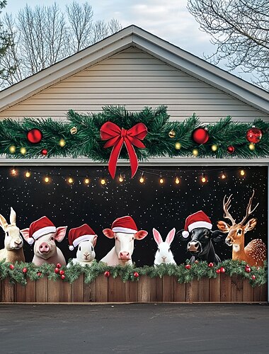  juledørdekorasjoner utendørs garasjeportdeksel julebanner gårdsdyr stort julebakgrunn for ferie utendørs garasjedør hjem veggdekorasjoner