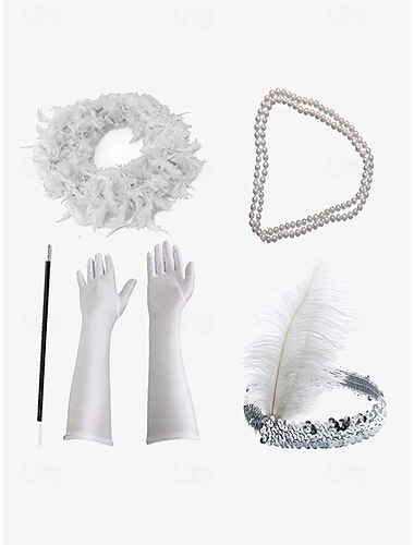  Vintage Flapper Kostüm-Zubehörset – 1920er Gatsby Stirnband, lange Handschuhe, Ohrringe, Perlenkette und Zigarettenspitze für Mottopartys & Cosplay