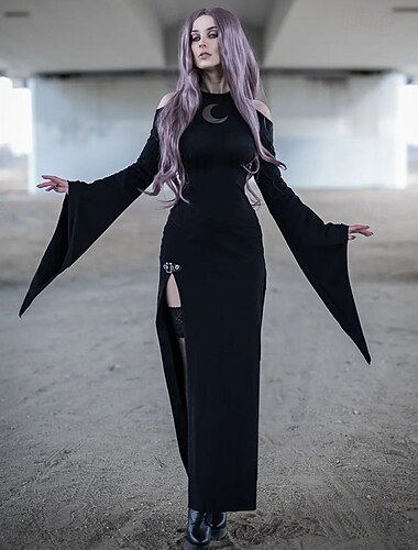  Punk & Gothic Kleid Wickelkleid Hexe Gothic Mädchen Morticia Addams Beflockung Damen Fantasie Walpurgisnacht Halloween Karneval Party Alltagstauglich Club Erwachsene Kleid