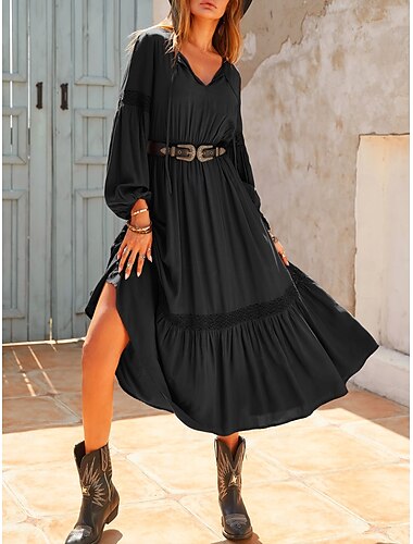  Robe casual Robe Trapèze Robe d'invité de mariage bohème Femme Robe Maxi Lacet Dentelle Vacances Décontractées Bohème Col V manche longue Mince Noir S M L XL XXL