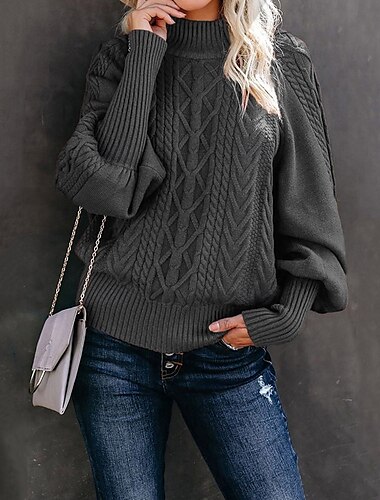  Damen Pullover Elegant Modisch Täglich Geometrisch Stehkragen Strick Langarm Lange Oberteile Stricken Arbeit Intensives Rosa Rote Herbst Winter