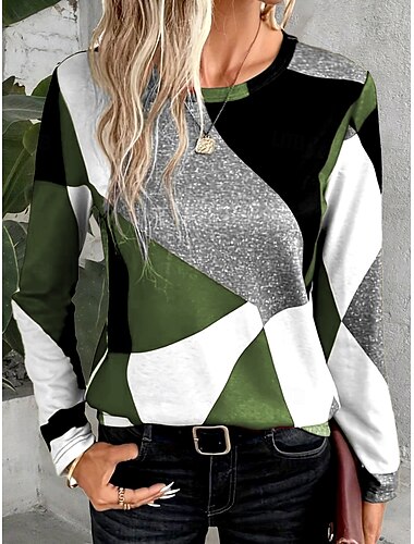  Damen T-Shirt Casual Print Langarm Normal Oberteile Rundhals Alltag Wein Braun Grün Grau Frühling Herbst