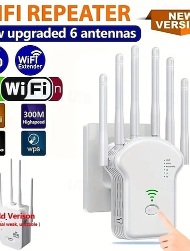  Удлинитель Wi-Fi Усилитель Wi-Fi в 6 раз сильнее 300 Мбит/с Wi-Fi 2,485 ГГц двухдиапазонный сильный сигнал Wi-Fi 35 устройств 4 режима Настройки одним касанием 6 антенн Поддержка полного покрытия 360°