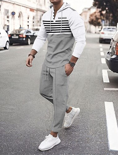  Herren Hoodie Sweatshirt Kapuze Trainingsanzug Jogginganzug Schwarz Weiß Königsblau Khaki Dunkelgray Mit Kapuze Streifen 2 teilig Sport & Natur Täglich Festtage Strassenmode Basic Brautkleider