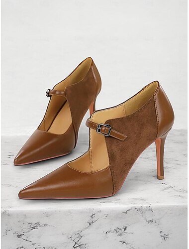  Escarpins à bride en T en similicuir et daim marron pour femmes avec boucle – escarpins formels d'inspiration vintage pour les fêtes et le travail