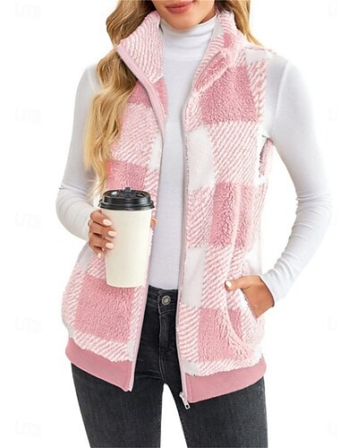  Damen Fleecejacke Fleece-Weste Teddy-Mantel warm halten Atmungsaktiv Zip Tasche Innenfutter aus Fleece Brautkleider schlicht Plaid Urlaub Strasse Freizeitskleidung Ausgehen Reisverschluss Standard