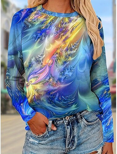  Damen T Shirt Ombre Lässig Langarm Rundhalsausschnitt Normale Oberteile Täglich Druck Blau Frühling Herbst
