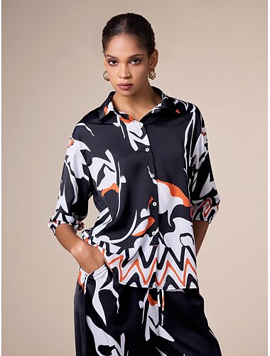  szatén fekete geometrikus mintás alkalmi ing