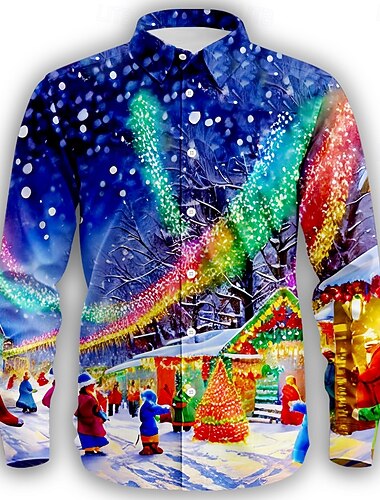  Navidad Hombre Navidad fea Camisa Abotonar la camisa Manga Larga Casual Ropa de fiesta de noche Diario Otoño Invierno Primavera verano Cuello Camisero Abotonar Impresión 3D Azul Piscina