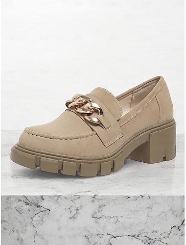  mocassins femininos de salto grosso – camurça verde com detalhe de corrente de metal, sapatos plataforma estilosos e slip-on para uso casual
