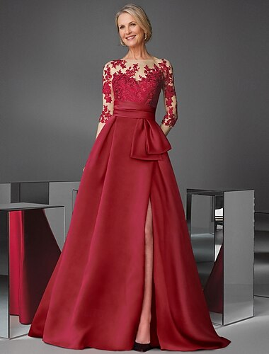  Vestido de noche elegante de corte A en color rojo, vestido formal de boda, largo hasta el suelo, manga larga, escote joya, bolsillo, satén con apliques de abertura 2025