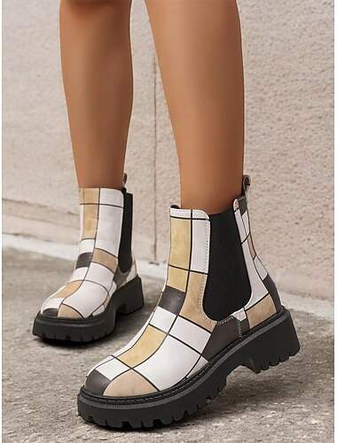  mehrfarbige Chelsea-Stiefel im Patchwork-Stil für Damen – moderne dicke Sohle mit elastischen Seiteneinsätzen für Retro- und Casual-Styling