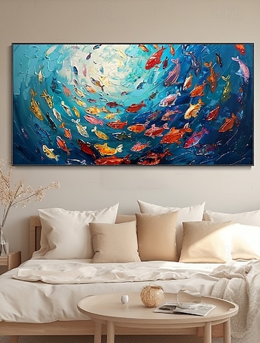  Pintura al óleo de peces hecha a mano, mundo oceánico azul, pintura al óleo de peces tropicales multicolores, paisaje marino moderno, pintura al óleo de naturaleza, decoración de pared, obra de arte vertical, pintura de espectáculo submarino