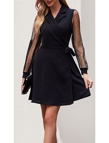  Mulheres Minivestido Vestido preto Vestido Coquetel Vestido formal Moda Moderno Vestido elegante Diário Escritório Normal Tecido Manga Longa Colarinho de Camisa Preto Primavera Outono