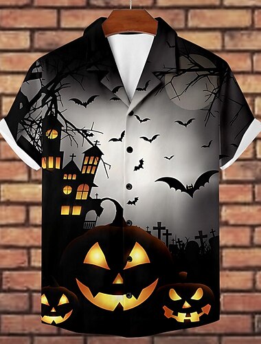  Halloween Zucca Orrore Per uomo Camicia con bottoni Manica corta Da sera Estate Collare da campo Collare cubano Tasche Stampa 3D Sottile Nero Blu Arancione Poliestere