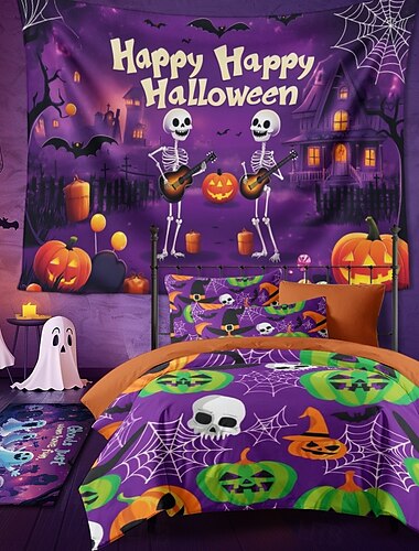  Halloween-Dekorationen, Schwarzlicht-Wandteppich, UV-reaktiv, im Dunkeln leuchtend, Party-Totenköpfe, psychedelisch, trippig, neblig, Wandteppich zum Aufhängen, Wandkunst, Wandbild für Wohnzimmer,