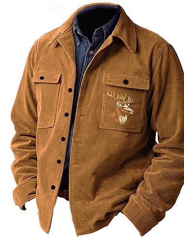  Herren Hirsch Hemdjacke Overshirt Langarm Vintage Stamm Alltagskleidung Herbst Winter Hemden mit Kragen Knopf hoch 3D-Druck 2 Taschen 1pc Armeegrün Marineblau Braun