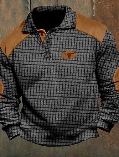  رجالي بقرة ريفي قمصان البولو Pullover كم طويل قمصان البولو قبة عتيق كاجوال الأماكن المفتوحة ملابس الشارع Buttons طباعة ثلاثية الأبعاد خريف & شتاء أسود