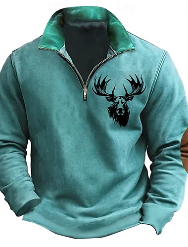  Herren Jagd Hirsch Sweatshirts Sweatshirt Pullover Reißverschluss-Sweatshirt Langarm Sweatshirt Troyer Halber Reißverschluss Urlaub Western-Cowboy 3d Drucken Party Festtage Halfzip Troyer